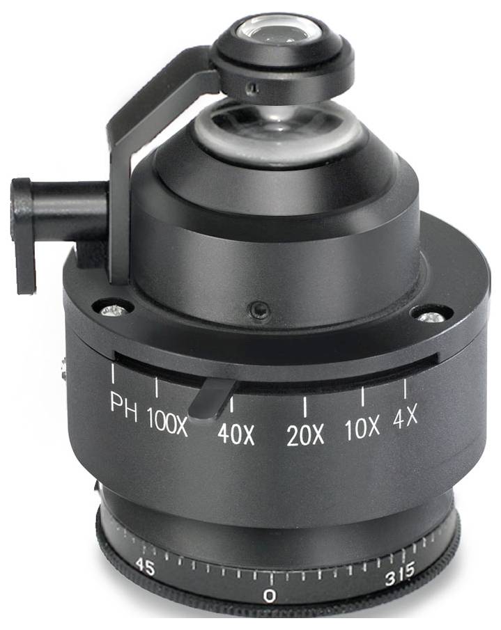 Ein schwarzes Mikroskopobjektiv mit Zoom- und Fokus-Einstellungen, markiert mit Vergrößerungen von 4X bis 100X.