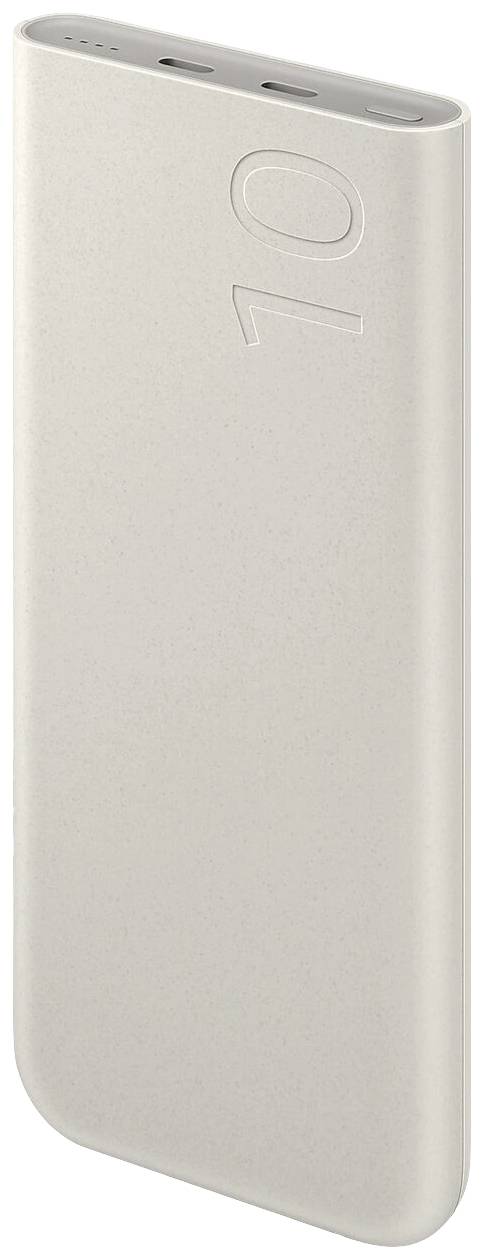 Eine schlanke, silberne Powerbank mit der Zahl '10' eingraviert, geeignet zum Aufladen mobiler Geräte unterwegs.