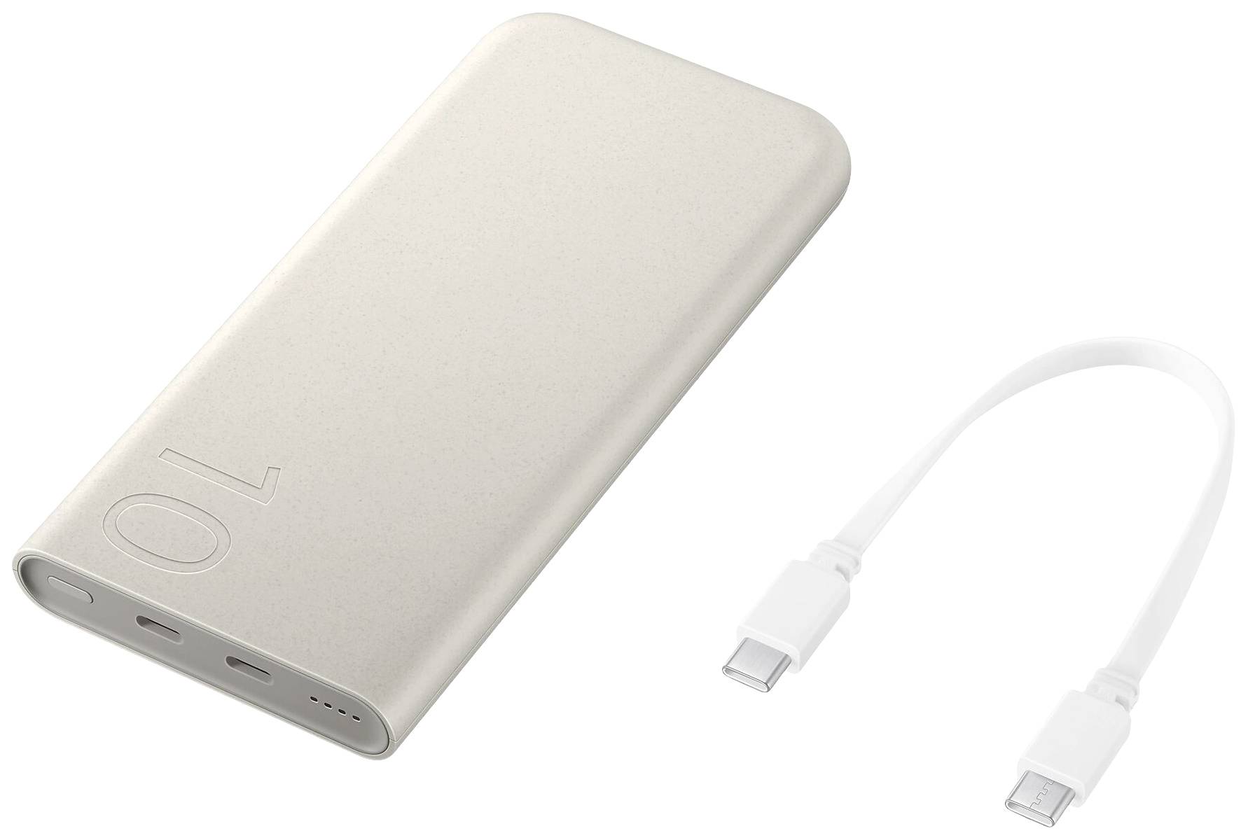 Tragbare Powerbank mit abgerundeten Ecken und USB-C-Anschlusskabel, ideal zum Aufladen von mobilen Geräten.