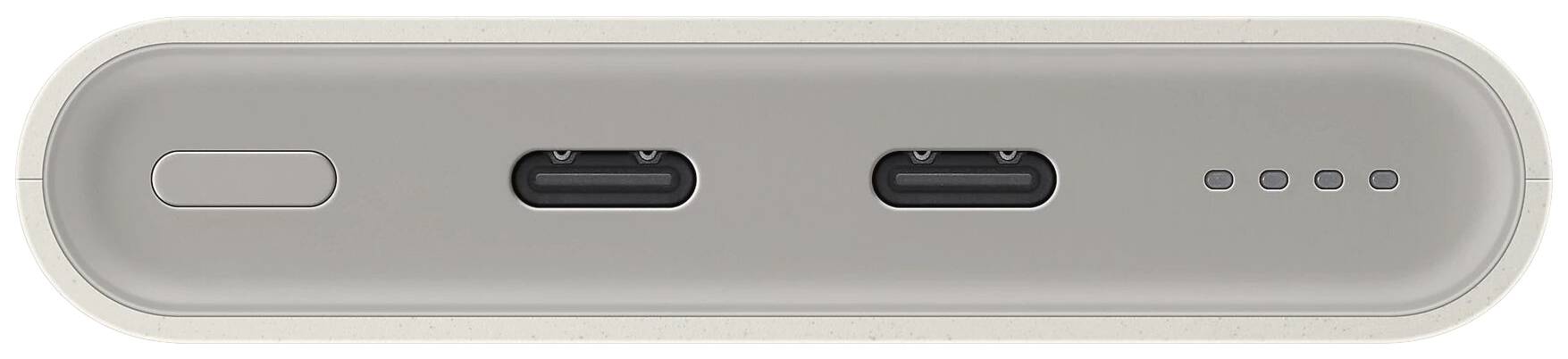 Weiß-graues Gerät mit zwei USB-C-Anschlüssen, einem großen Knopf auf der linken Seite und vier kleinen Lichtern auf der rechten Seite.