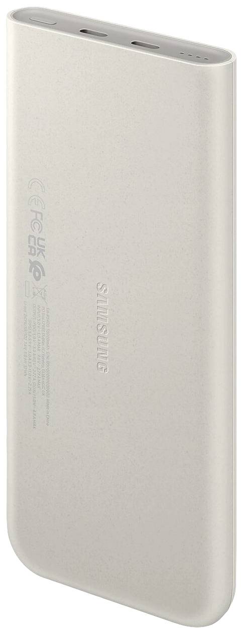Ein weißes, schlankes tragbares Ladegerät mit USB-Anschlüssen, ideal für mobiles Aufladen von Smartphones.