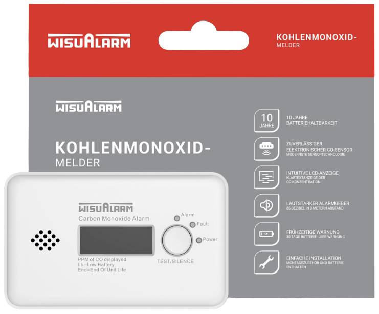 Wisualarm HY-GC20B Kohlenmonoxid-Melder inkl. 10 Jahres-Batterie batteriebetrieben detektiert Kohlenmonoxid
