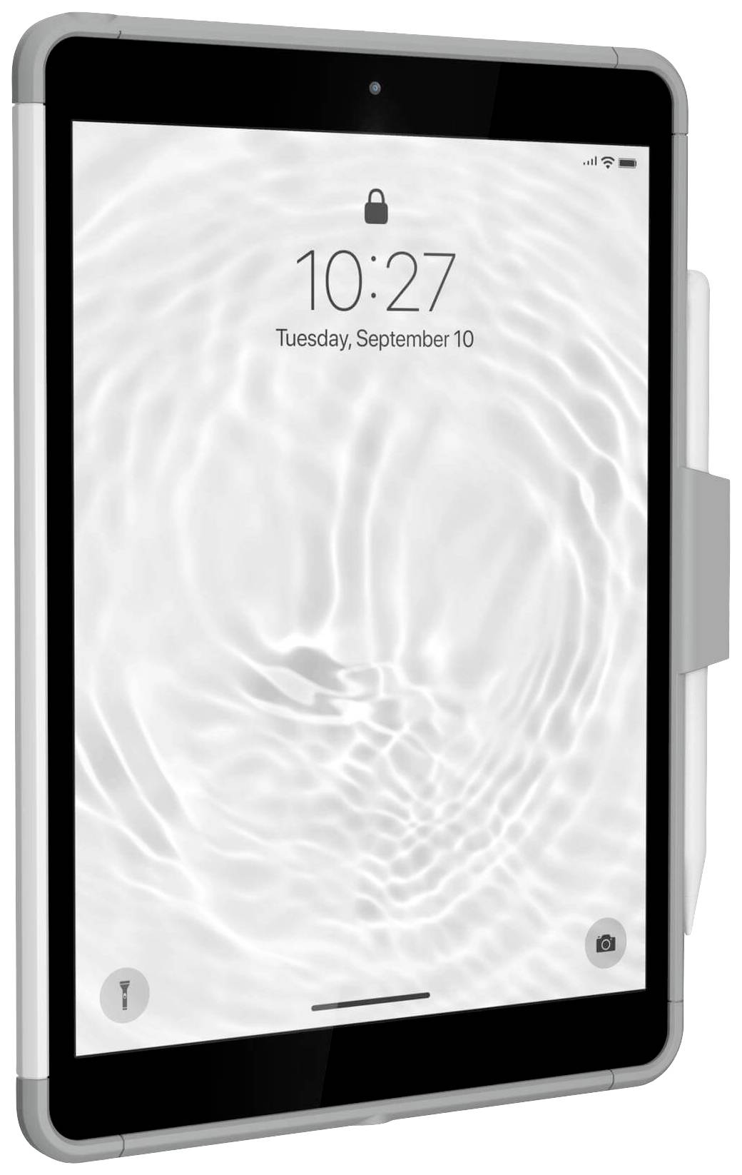 Ein Tablet mit einem verspiegelten Wassereffekt-Hintergrund auf dem Bildschirm. Oben wird die Uhrzeit 10:27 angezeigt.