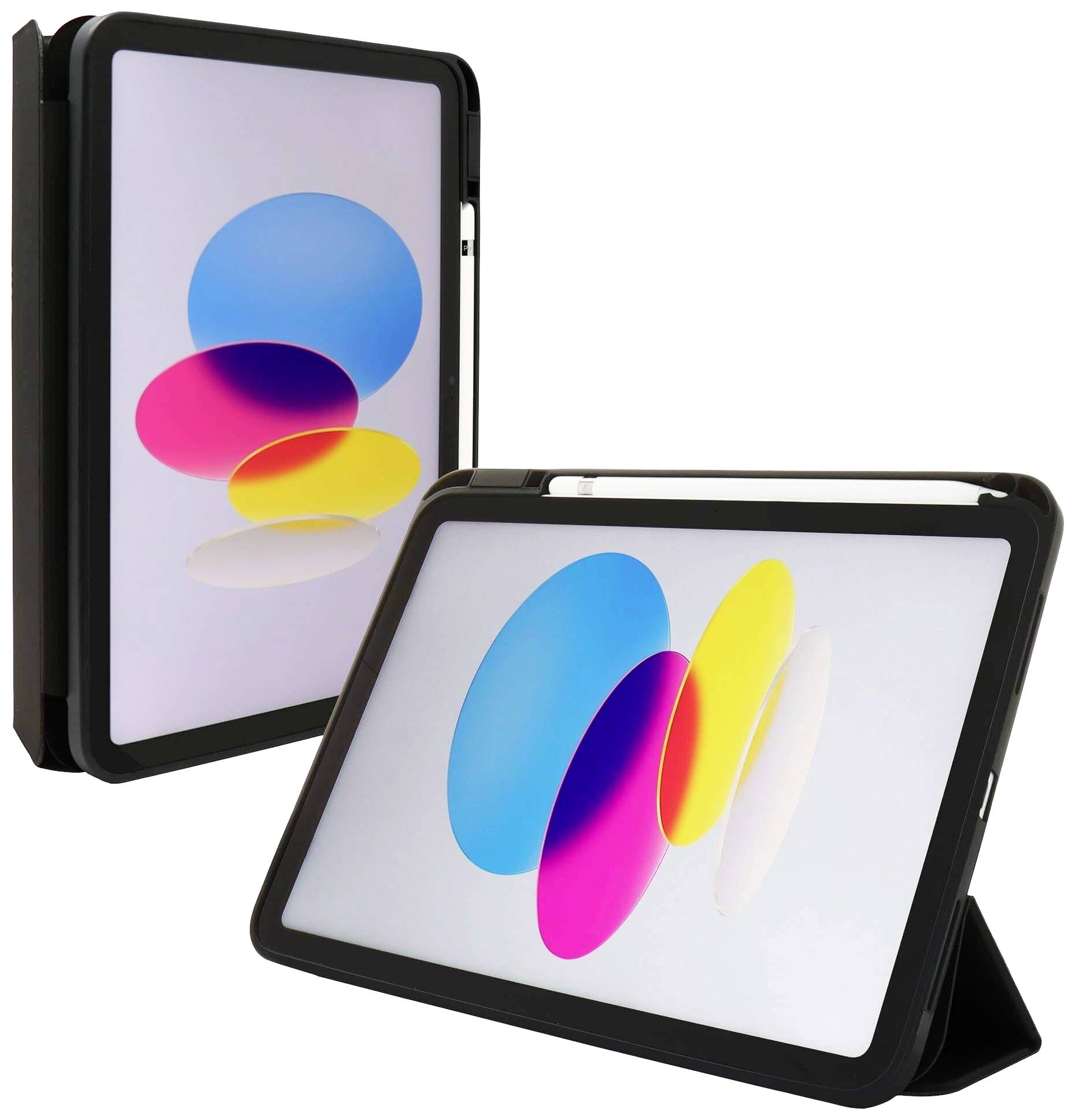 Ein Tablet in einer schwarzen Hülle zeigt bunte, überlappende Kreise auf dem Bildschirm und steht in zwei verschiedenen Positionen.