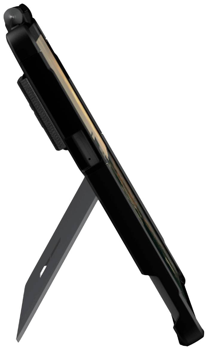 Ein Tablet-PC mit schwarzem Gehäuse und integriertem Ständer, seitlich betrachtet.