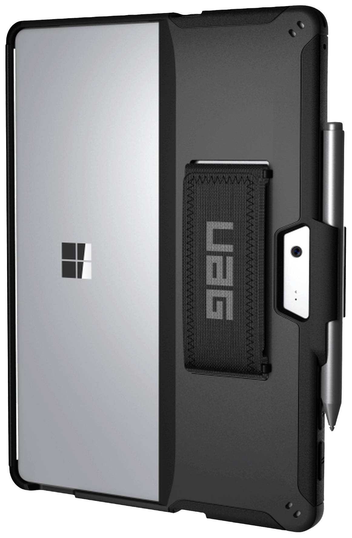 Eine Tablet-Hülle mit robustem Design, schwarzem Schutzrahmen und integrierter Stifthalterung. Passend für Microsoft Surface-Modelle.