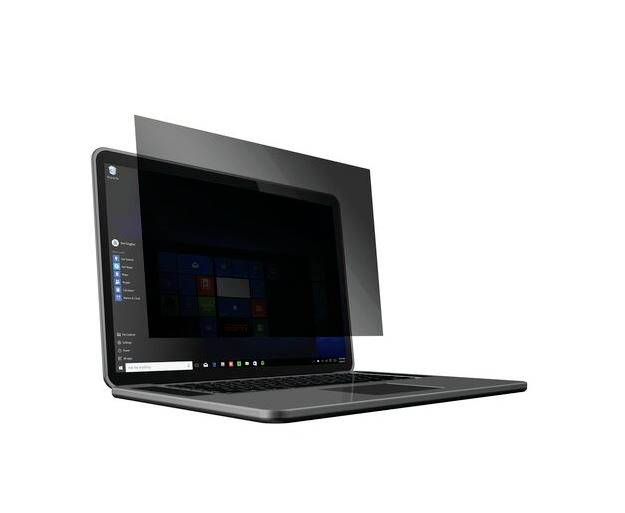 Laptop mit halbtransparenter Schutzfolie auf dem Bildschirm. Die Folie schützt vor Kratzern und reduziert Blendung.