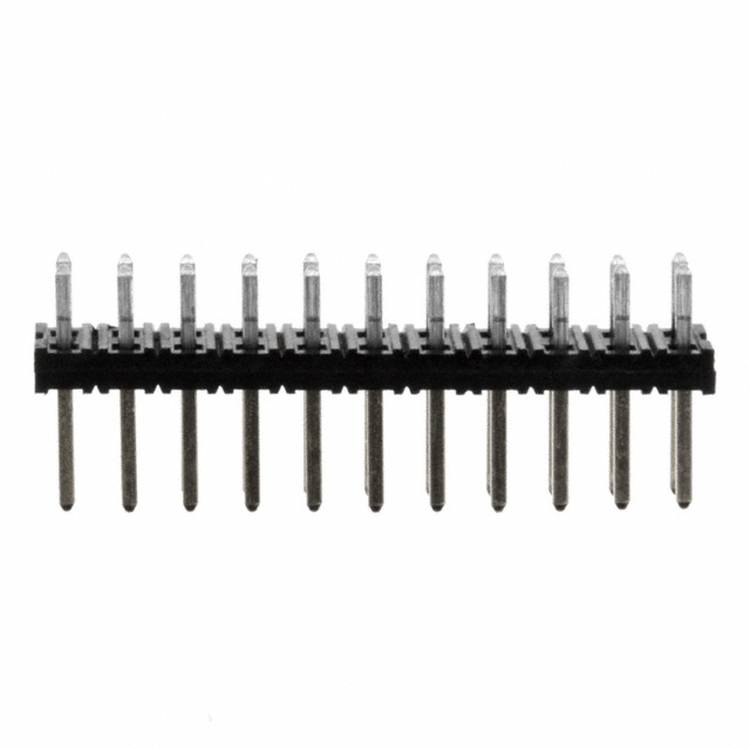 Eine einzelne Reihe von 12-poligen männlichen Steckerverbindern, vertikal angeordnet, verwendet für elektronische Prototypen, mit Metallstiften unterhalb einer Kunststoffbasis.