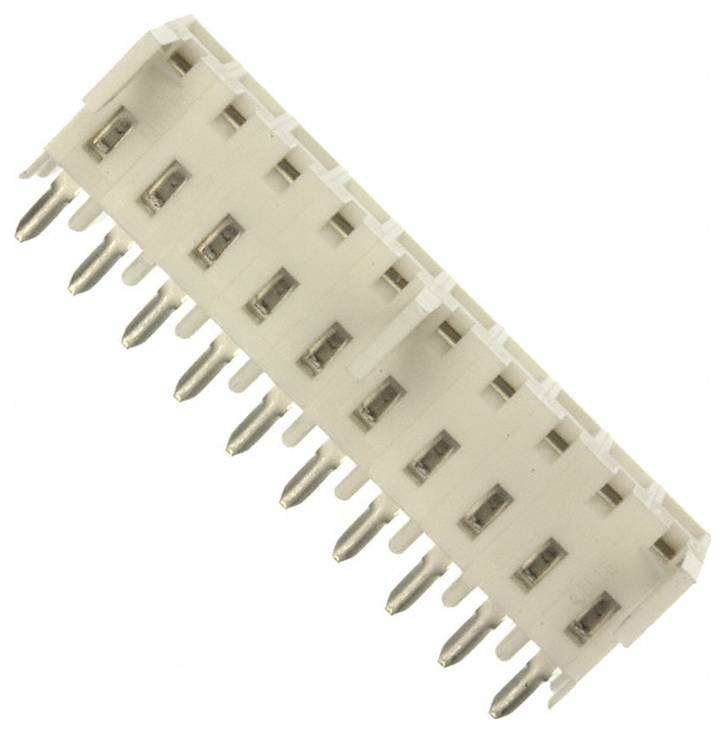 Ein weißer Elektrostecker mit zwölf Metallstiften, die in zwei Reihen angeordnet sind, wird für elektronische Schaltungsverbindungen verwendet.