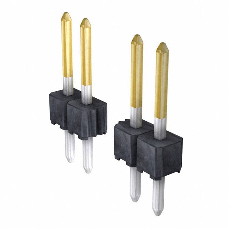 Zwei identische vergoldete, zweipolige elektrische Stecker mit schwarzen Kunststoffgehäusen, aufrecht auf weißem Hintergrund stehend.