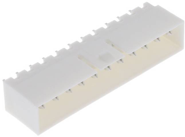Ein weißer Kunststoffstecker mit mehreren Stiften, typischerweise für elektronische Verdrahtung oder Schaltungsverbindungen verwendet.