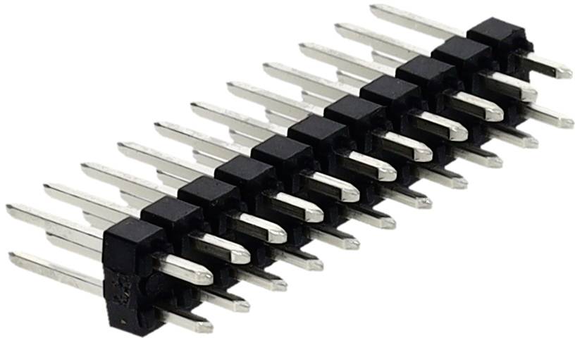 Eine Reihe von abgewinkelten Metallstiftkonnektoren, die auf einer schwarzen Kunststoffbasis befestigt sind und typischerweise für elektronische Leiterplatten verwendet werden.