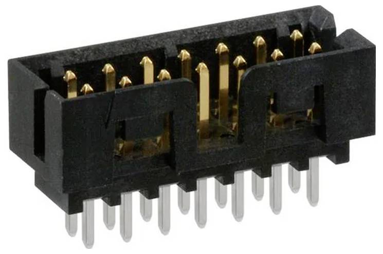 Ein schwarz-goldiger Doppelreihen-Stiftleistenverbinder mit 20 Stiften, bestehend aus zwei Reihen mit je 10 Stiften, der für elektronische Schaltungsverbindungen verwendet wird.