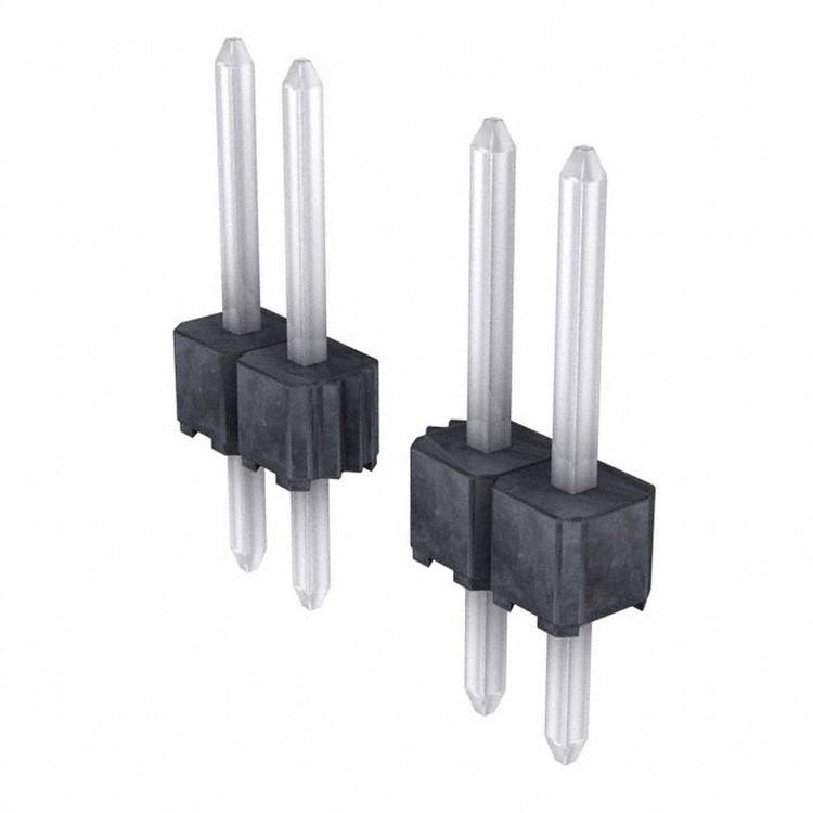 Zwei schwarze rechteckige elektronische Steckverbinder, jeder mit drei silbernen Stiften, die sich vertikal erstrecken.