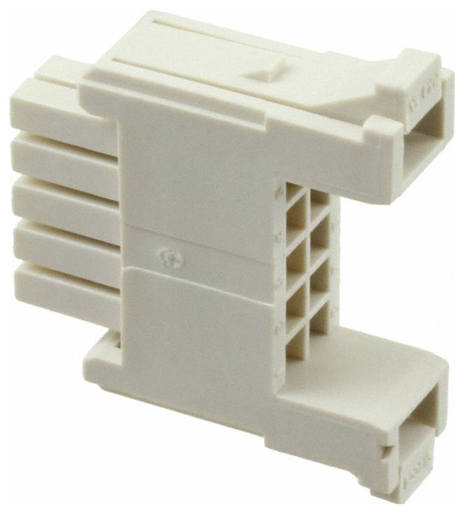 Ein beiger Kunststoff-DIN-Hutschienen-Montageanadapter mit mehreren Schlitzen und kompaktem Design, der zum Befestigen von elektrischen Komponenten auf einer Schiene verwendet wird.