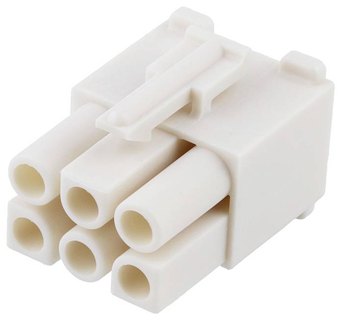 Ein weißer mehrpoliger elektrischer Stecker mit sechs kreisförmigen Anschlüssen, die in zwei Reihen angeordnet sind, üblicherweise in elektronischen Geräten verwendet.