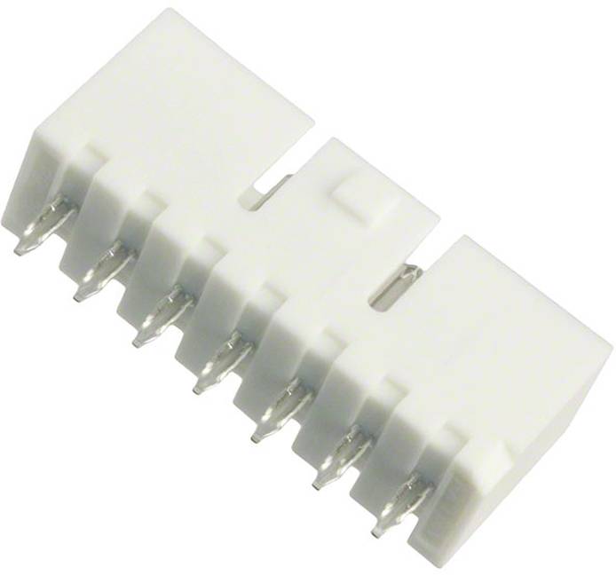 Weißer 6-poliger Stecker, Seitenansicht zeigt Metallstifte, wird zum Verbinden elektronischer Komponenten verwendet.