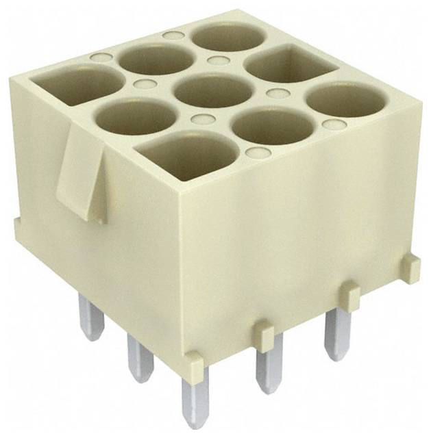 Ein beige Steckerblock mit acht kreisförmigen Buchsen und sechs Metallstiften, die sich von der Unterseite erstrecken und für elektrische Verbindungen verwendet werden.