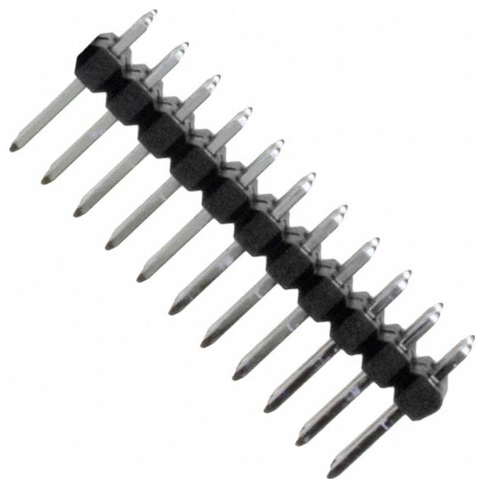Eine Reihe von 12 Metallstiften in einem Winkel angeordnet, auf einer schwarzen Kunststoffbasis montiert, ähnlich einer in elektronischen Schaltkreisen verwendeten Kopfzeile (Header).