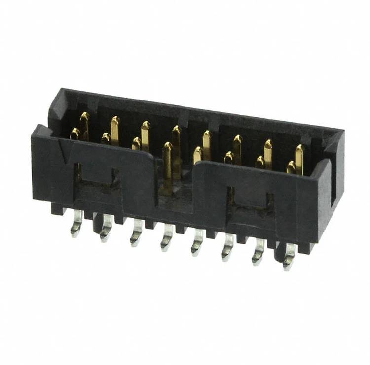 Ein schwarzer rechteckiger Stiftleisten-Stecker mit 16 goldenen Kontakten, die in zwei Reihen angeordnet sind. Er ist zur Montage auf elektronischen Leiterplatten ausgelegt.