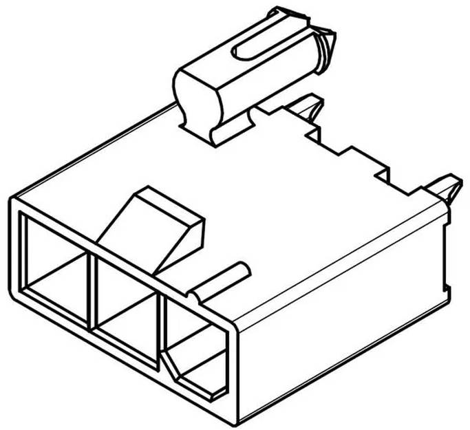 Diagramm eines dreipoligen elektrischen Steckers mit Verriegelungsmechanismus, das häufig in Automobil- oder Elektronikanwendungen verwendet wird.