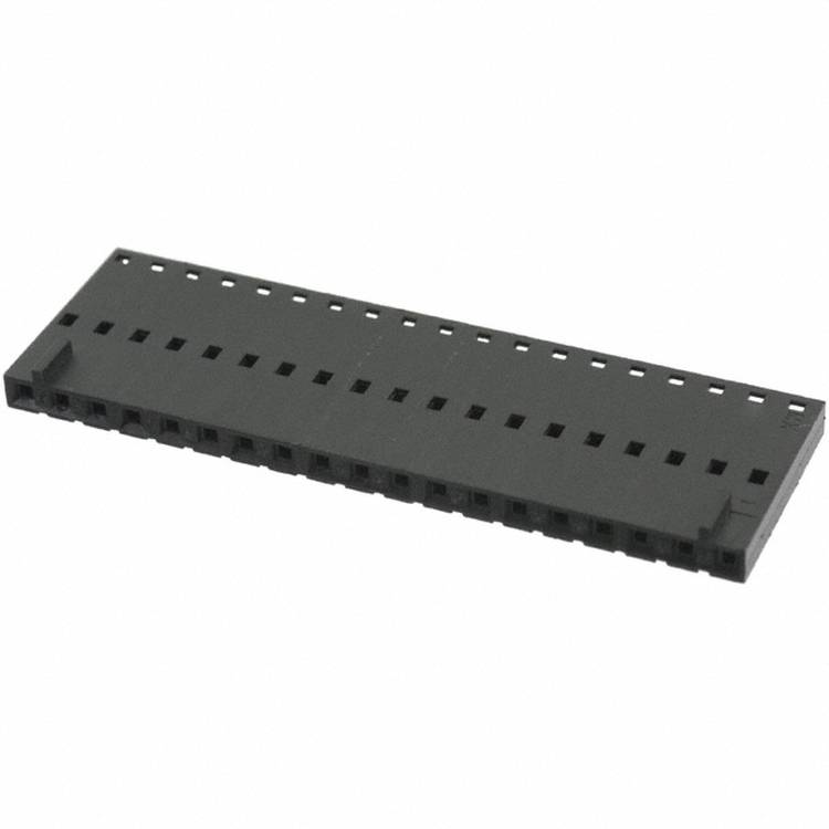 Eine rechteckige schwarze Kunststoffbuchse mit mehreren Schlitzen, die zum Anschließen elektronischer Komponenten wie ICs auf einer Leiterplatte verwendet wird.