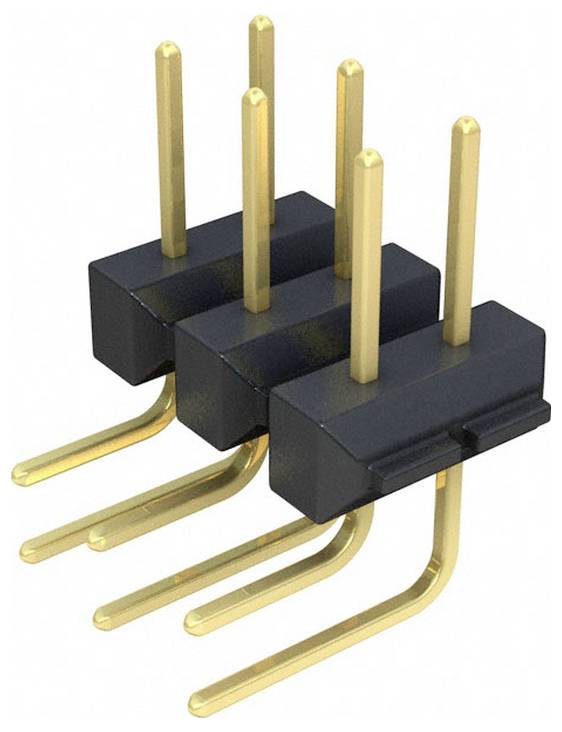 Drei vergoldete, rechtwinklige Stiftleisten mit schwarzen Kunststoffgehäusen, in einer Reihe angeordnet, vor weißem Hintergrund gezeigt.