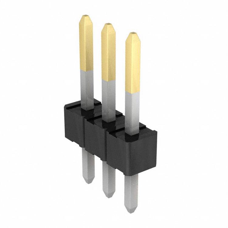 Ein dreipoliger Stecker-Header mit vergoldeten Kontakten und schwarzer Kunststoffbasis, verwendet zum Verbinden von elektronischen Komponenten auf einer Leiterplatte.