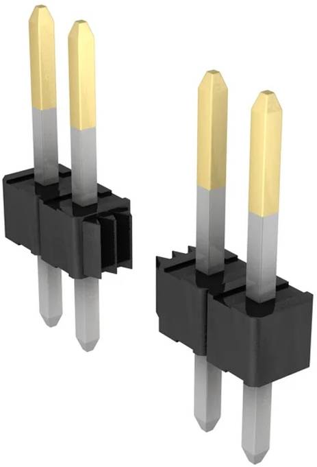 Ein rechteckiger Metallstecker für elektrische Verbindungen mit neun vergoldeten Stiften und einer rot-orangefarbenen Einfassung, gekennzeichnet mit „FCT12P FJDRM09P