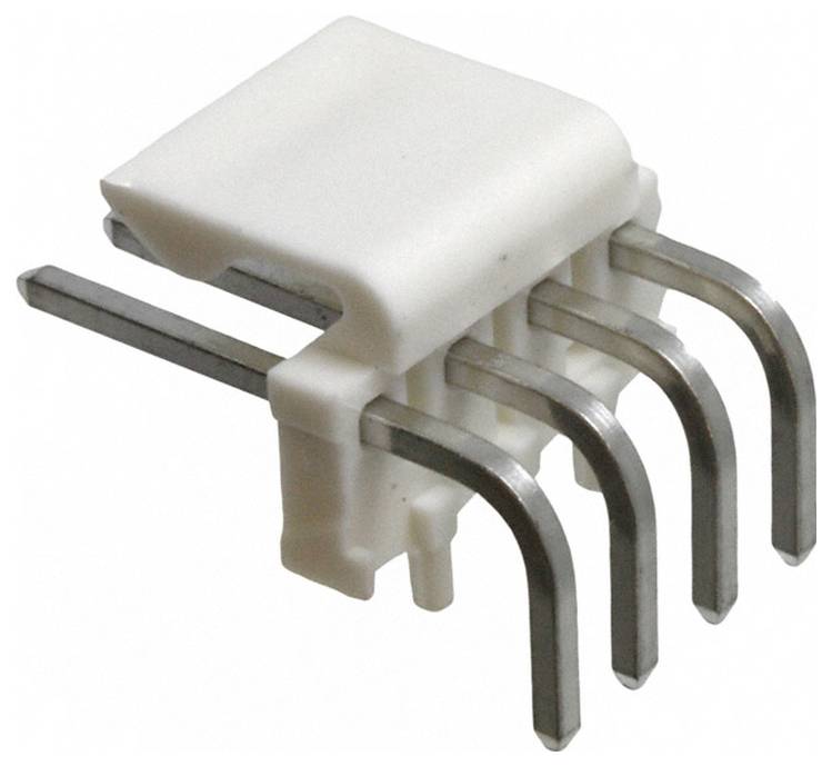 Eine weiße, rechteckige elektrische Komponente mit vier gebogenen Metallstiften, die sich darunter erstrecken und zum Verbinden in elektronischen Geräten verwendet wird.