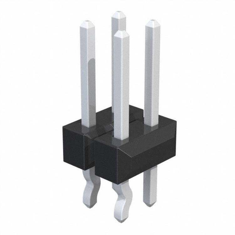 Stecker mit drei metallischen Stiften und einer schwarzen Basis, aus einem Winkel betrachtet.