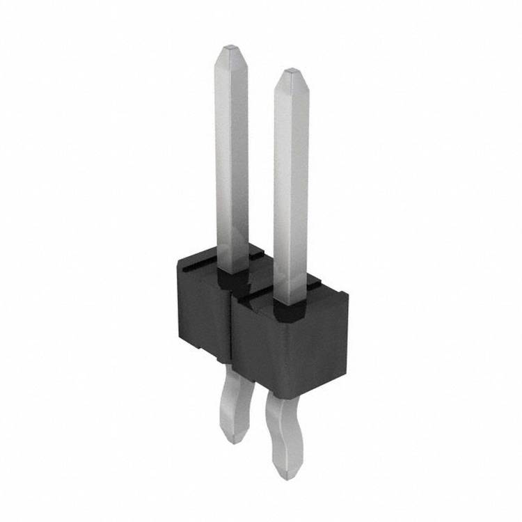 Eine 3D-Darstellung von zwei Metallzinken, die in ein schwarzes Kunststoffteil eingebettet sind und einer elektrischen Steckverbindung oder einem Stecker ähneln.