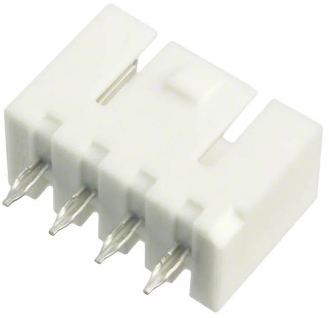 Ein weißer, vierpoliger Stecker mit Metallkontakten, der für elektronische Schaltungsverbindungen verwendet wird.