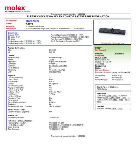 Molex Buchsengehäuse-Kabel Polzahl Gesamt 22 50579422 Bulk
