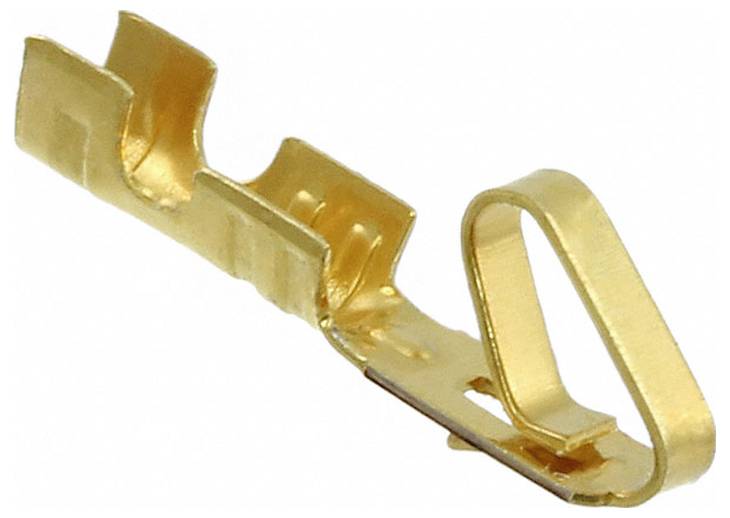 Ein Metallstecker mit Goldfinish, ausgestattet mit einer U-förmigen Anschlussfläche und einer Klammer zum Befestigen eines Drahtes.