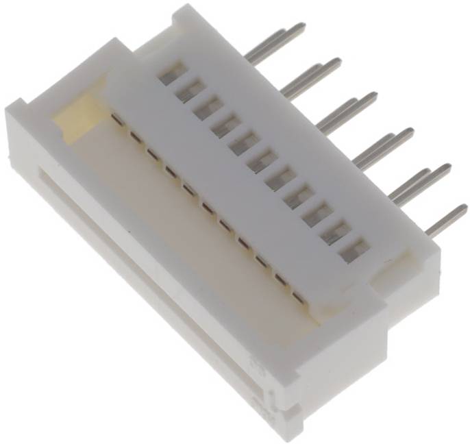 Ein weißer Kunststoff-Elektronikstecker mit mehreren Metallstiften, der für Leiterplattenverdindungen verwendet wird.
