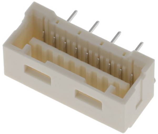 Ein beiger Kunststoff-Rechteckstecker mit mehreren Metallstiften, die von einer Seite abstehen.