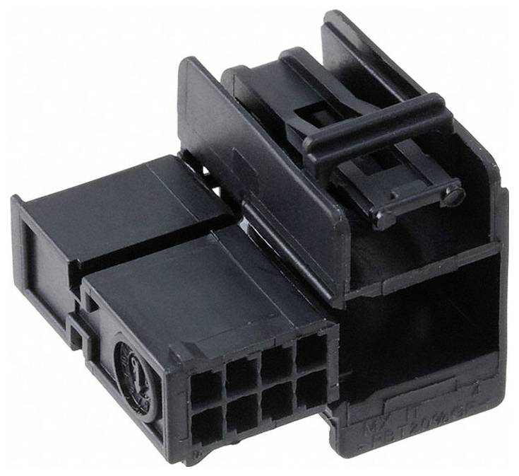 Ein schwarzer Kunststoff-Mehrfachsteckverbinder mit sechs Steckplätzen und einem Verriegelungsmechanismus, verwendet für elektronische oder Automobilanwendungen.