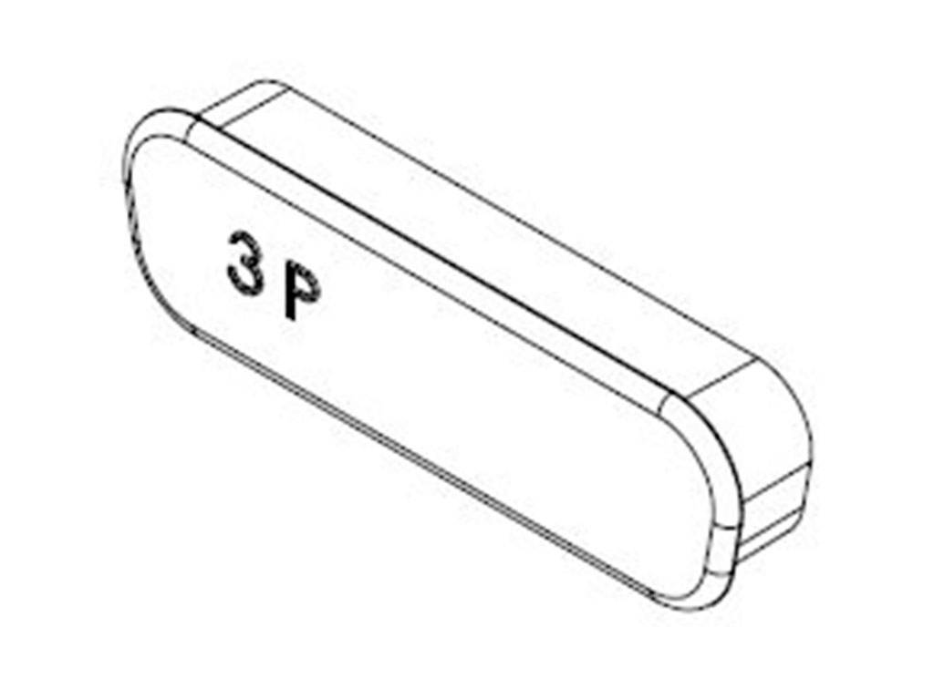 Eine technische Zeichnung eines länglichen, abgerundeten Gegenstands mit der Aufschrift '3P' auf der Vorderseite.