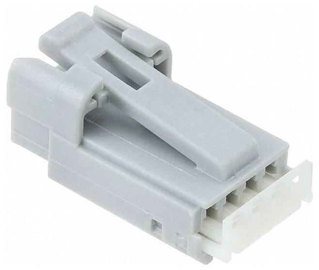 Ein grauer, rechteckiger elektronischer Stecker mit mehreren Stiften, der oben über eine Verriegelung für sichere Befestigung verfügt.