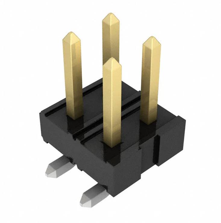 Ein 4-poliger Stecker-Header-Stecker mit schwarzer Basis und vergoldeten Kontakten, der häufig in der Elektrotechnik zum Verbinden von Komponenten verwendet wird.