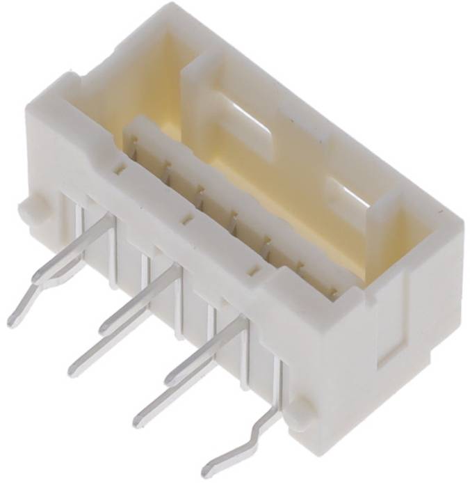 Ein weißer rechteckiger Elektrostecker mit sechs Metallstiften, der für elektronische Geräte verwendet wird.