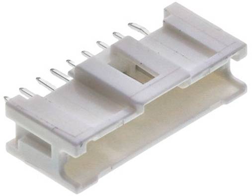 Ein weißer Kunststoff-Elektrostecker mit acht Metallkontakten, die nach oben abstehen. Er ist rechteckig mit Kerben an den Seiten.