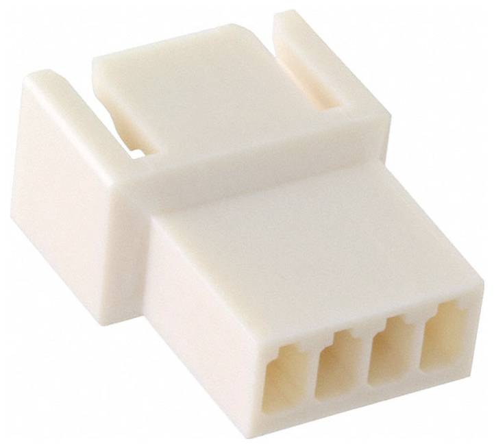 Ein weißer Kunststoffstecker mit vier rechteckigen Stiftsockeln, typischerweise für elektrische oder Computerkomponenten verwendet.