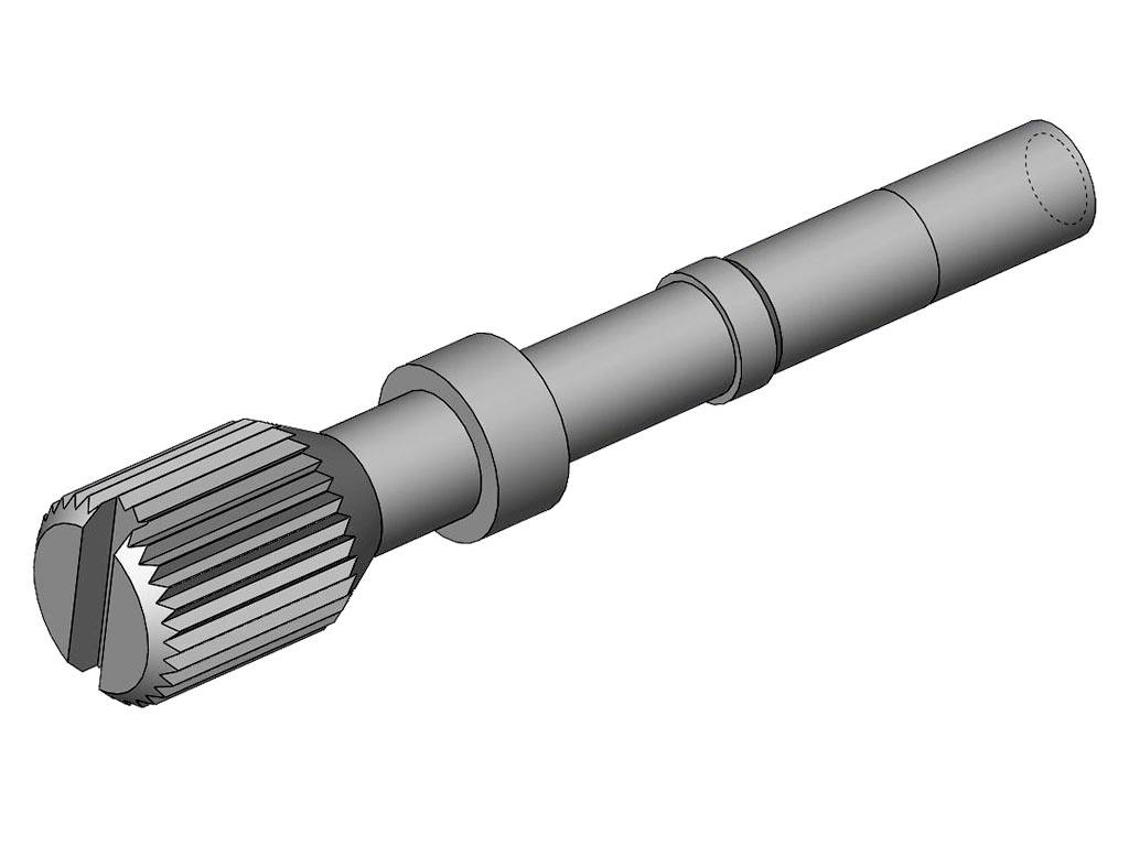 Ein gerendertes 3D-Modell eines Wellenwerkzeugs mit geriffeltem Griff und zylindrischem Schaft.