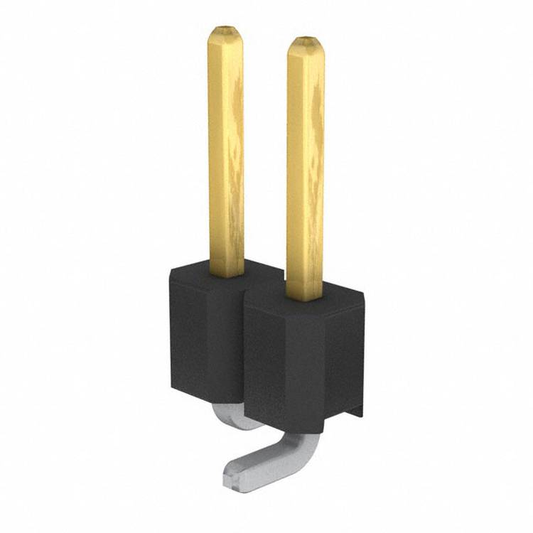 Eine 3D-Darstellung eines elektrischen Leiterplattenverbinders mit zwei vergoldeten Kontaktstiften und einem schwarzen Kunststoffgehäuse, entwickelt für elektronische Schaltkreise.