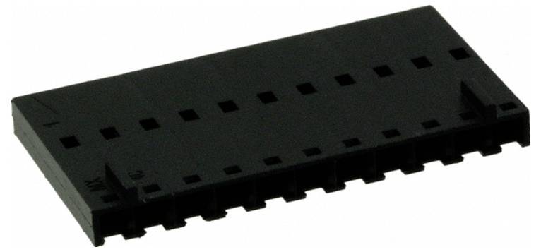 Ein schwarzes Kunststoffsteckgehäuse mit 10 Stiften für elektronische Komponenten, das die rechteckige Form und die Stiftlöcher auf der Oberfläche zeigt.