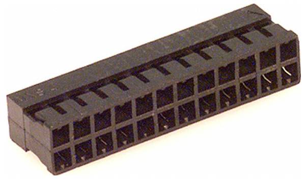 Ein schwarzer Kunststoff-Elektrostecker mit mehreren quadratischen Stiftkontakten, die in zwei Reihen angeordnet sind.