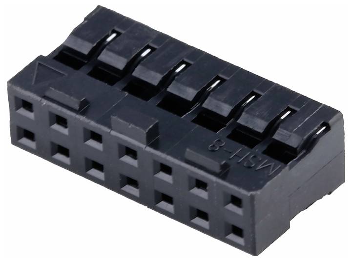 Ein schwarzer Kunststoff-Elektrostecker mit acht Anschlüssen, typischerweise für Kabelverbindungen in elektronischen Geräten verwendet.