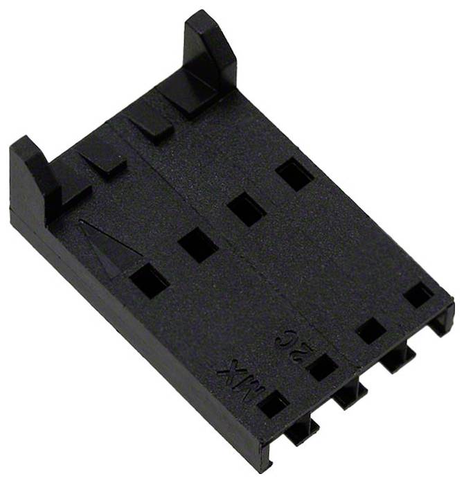 Ein schwarzer Kunststoffsteckverbinder mit mehreren Schlitzen für Stifte und erhöhten Laschen an einem Ende. Wird für elektronische Schaltungsverbindungen verwendet.